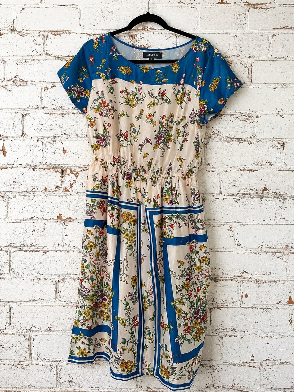 ModCloth Blue Floral Scarf Print Midi Dress Elastic Waist Size Large